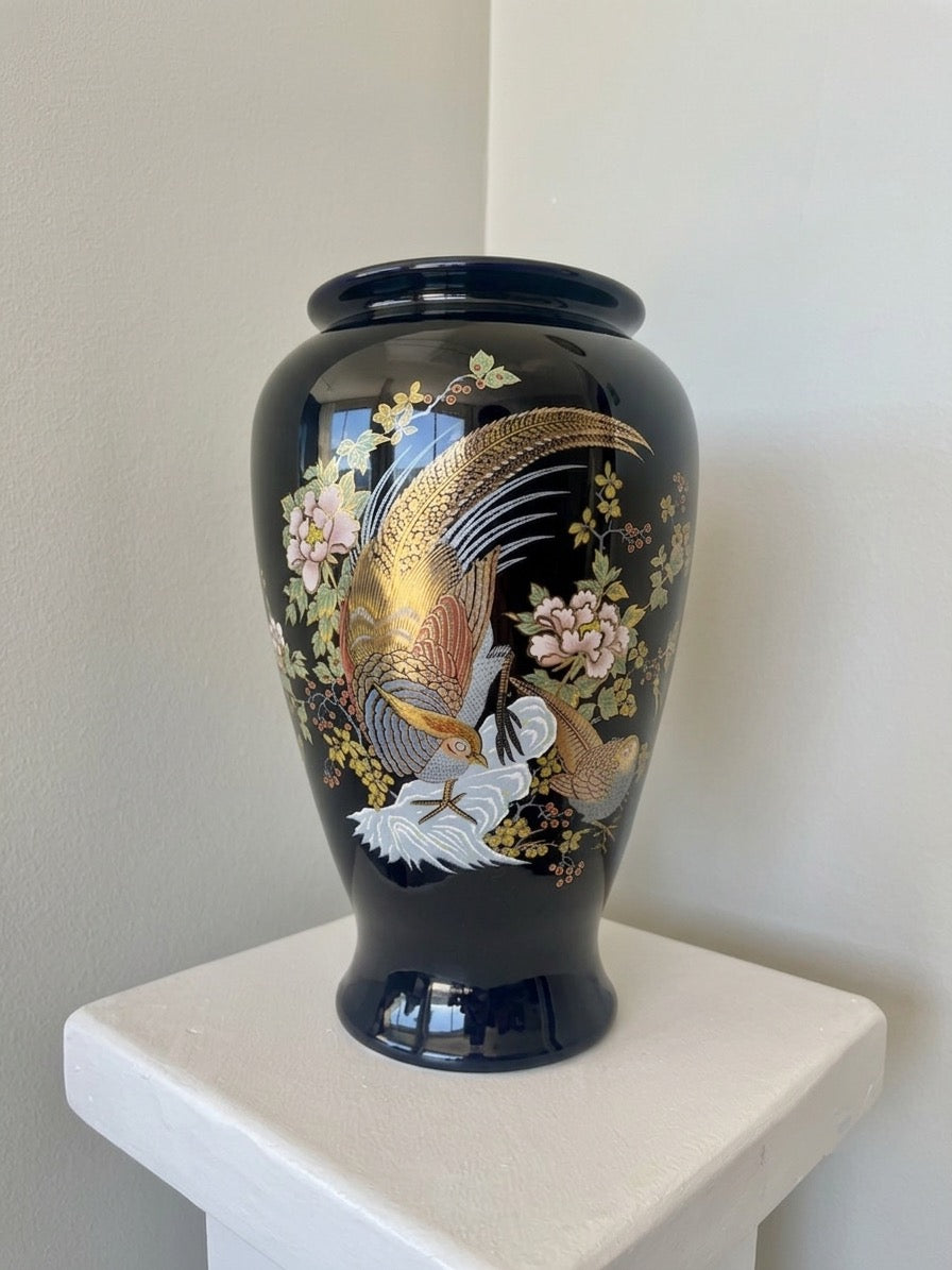 Vase en céramique noir, décor faisan et fleurs - 30 cm